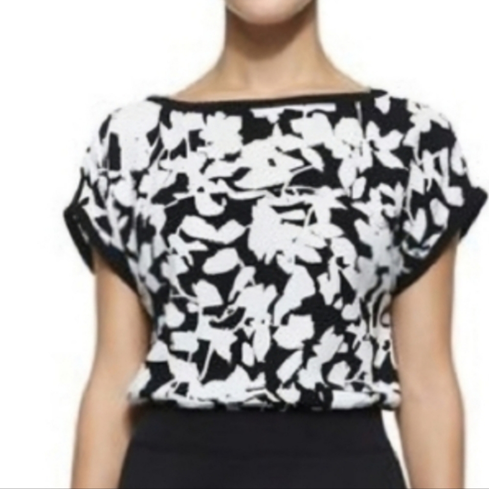 Kate Spade Black White Leaf Print Blouse | Cap Sleeve | Work Office Chic